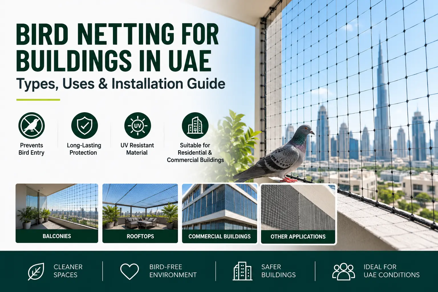 Bird netting for buildings in UAE for balcony, rooftop and commercial bird protection