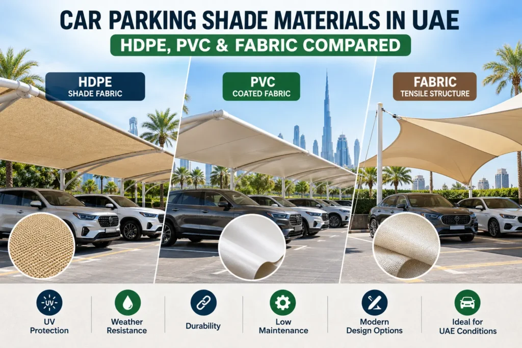 Car parking shade materials in UAE compared including HDPE, PVC and fabric