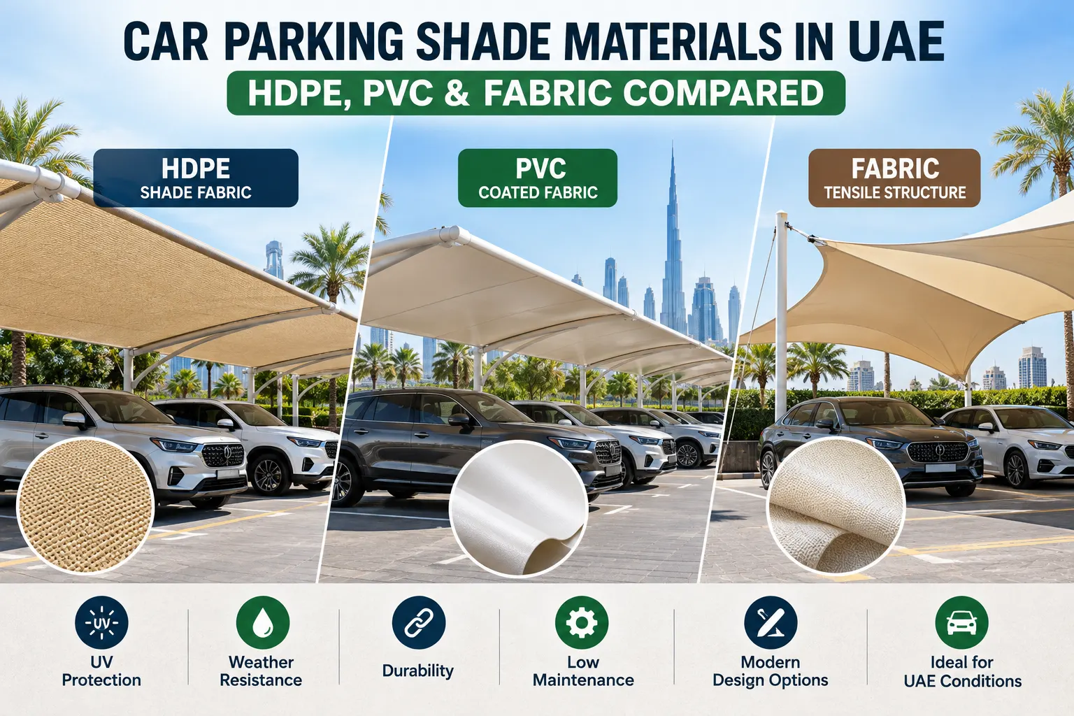 Car parking shade materials in UAE compared including HDPE, PVC and fabric