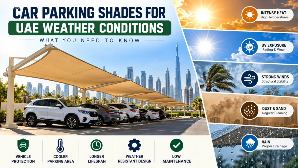 Car parking shades for UAE weather conditions protecting vehicles from heat, UV, wind, dust and rain