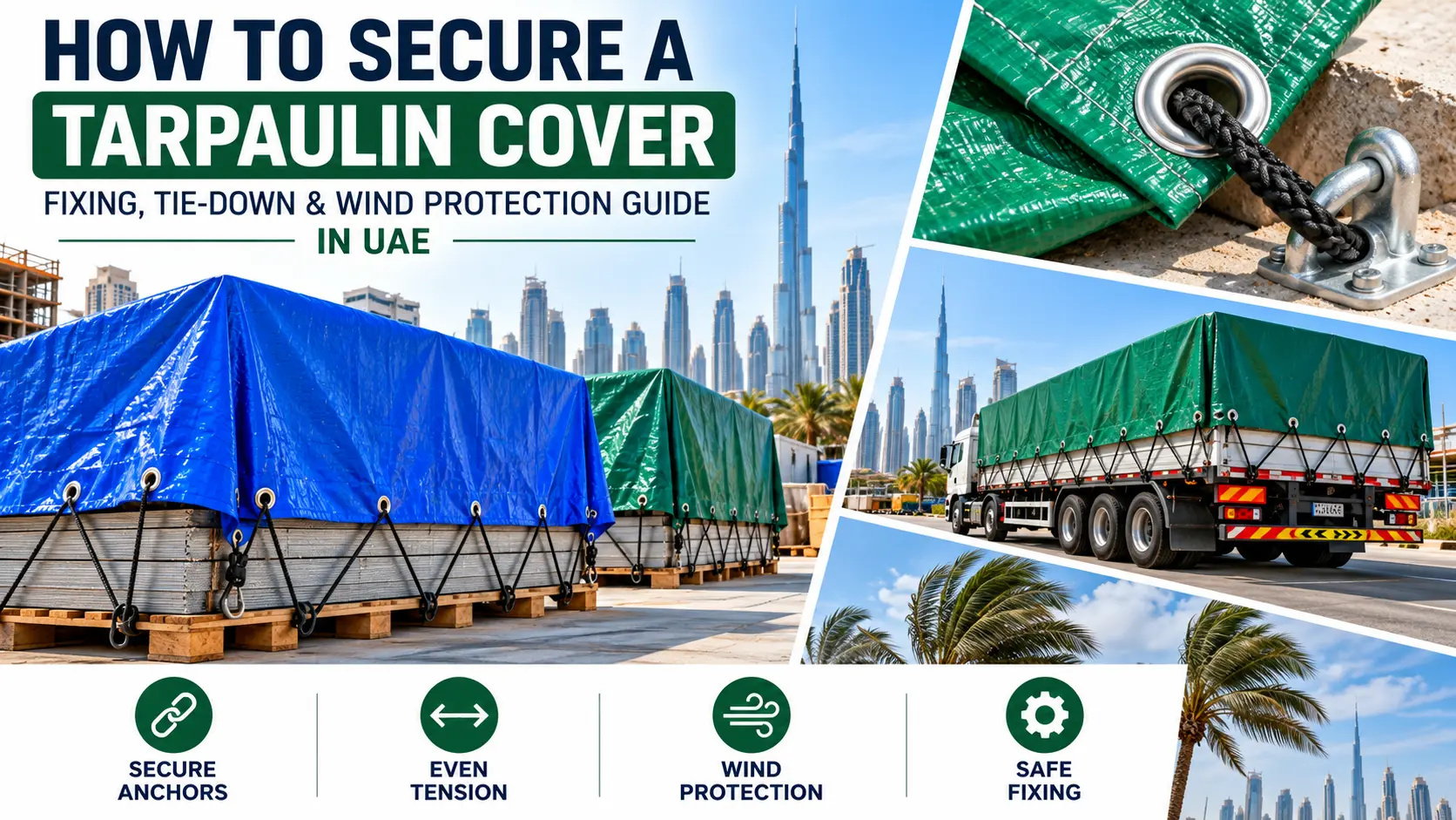 Securing a tarpaulin cover with ropes and tie-downs in UAE