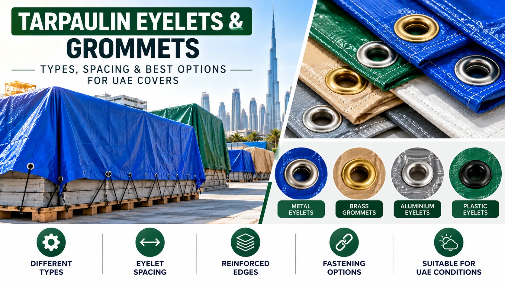 Metal eyelets and reinforced grommets on tarpaulin covers in UAE